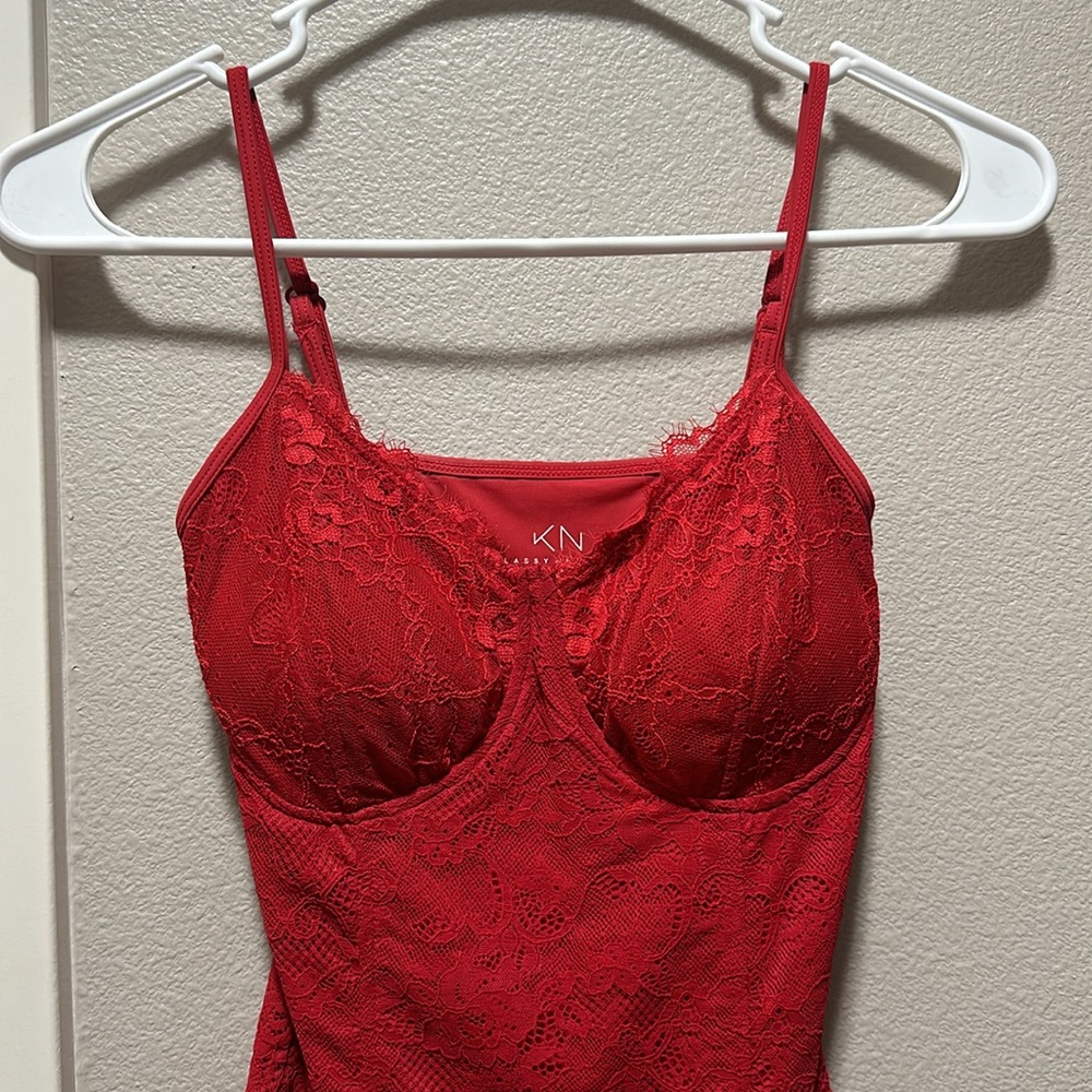 Klassy Network Lace Corset Bramisuit - Red sz S